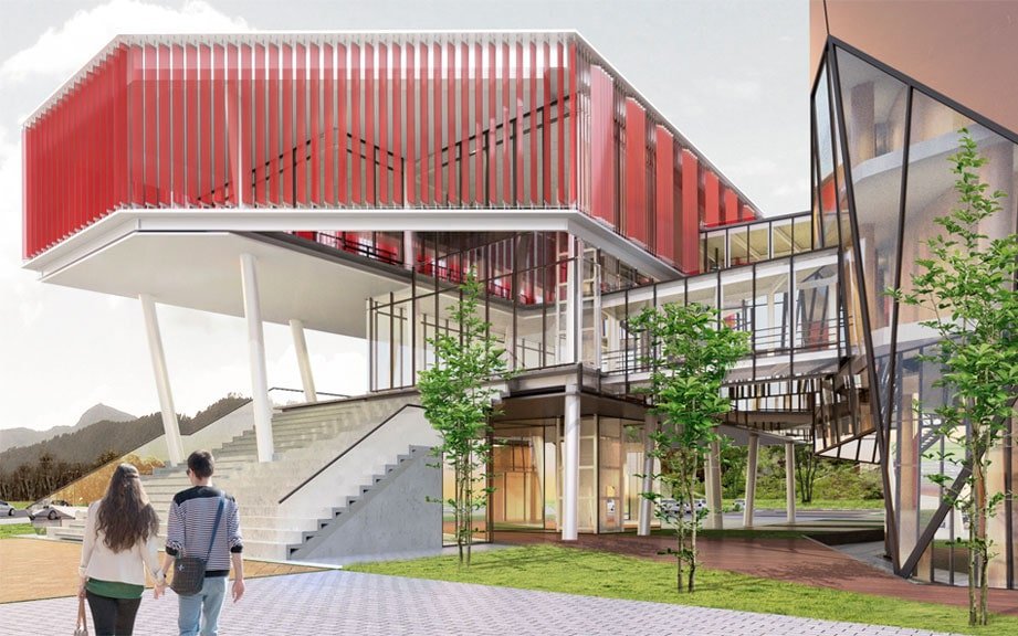 General view of the Tocancipá Auditorium: massing, envelope, and built context
