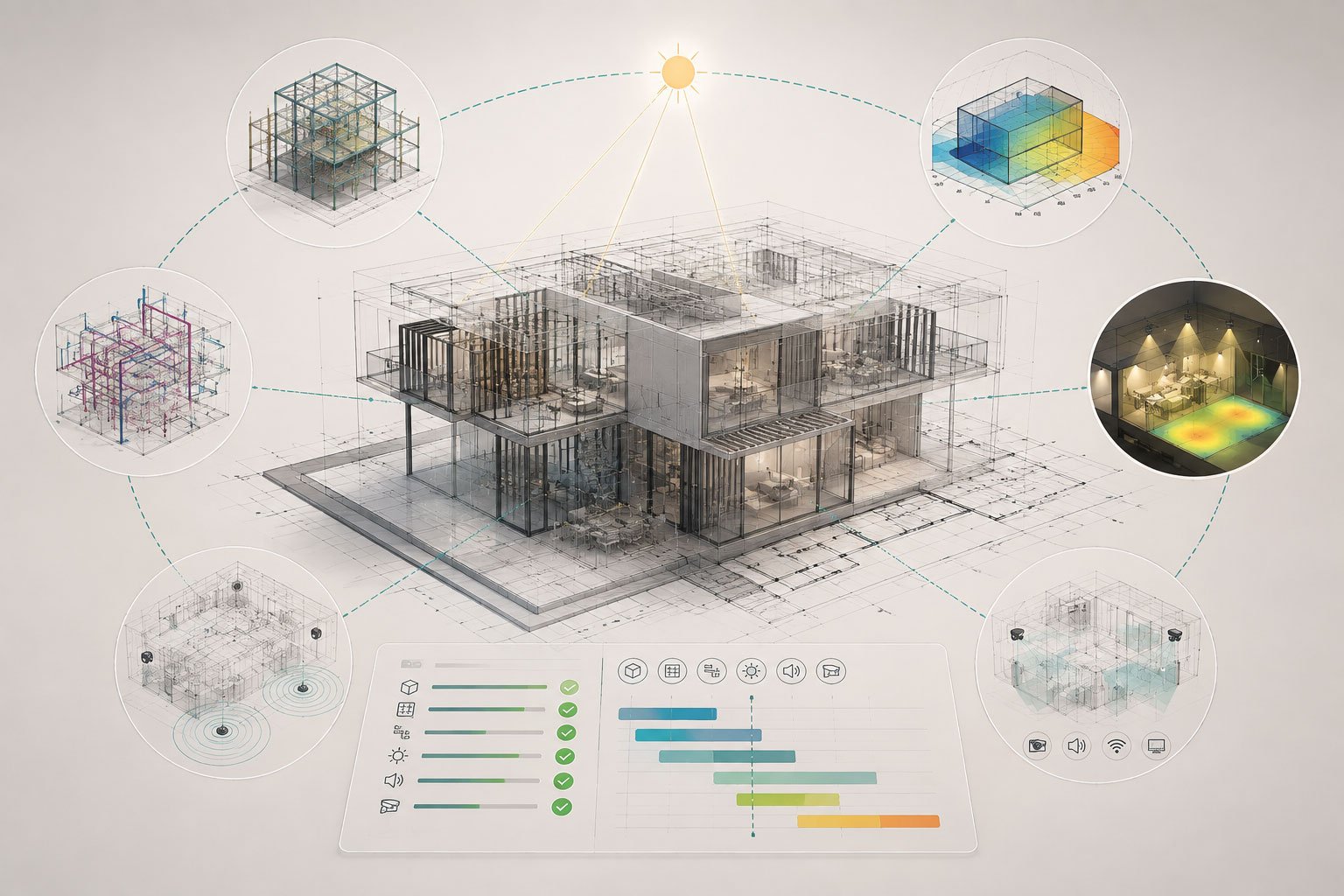 Digital model of a building with its disciplines overlaid and the project schedule