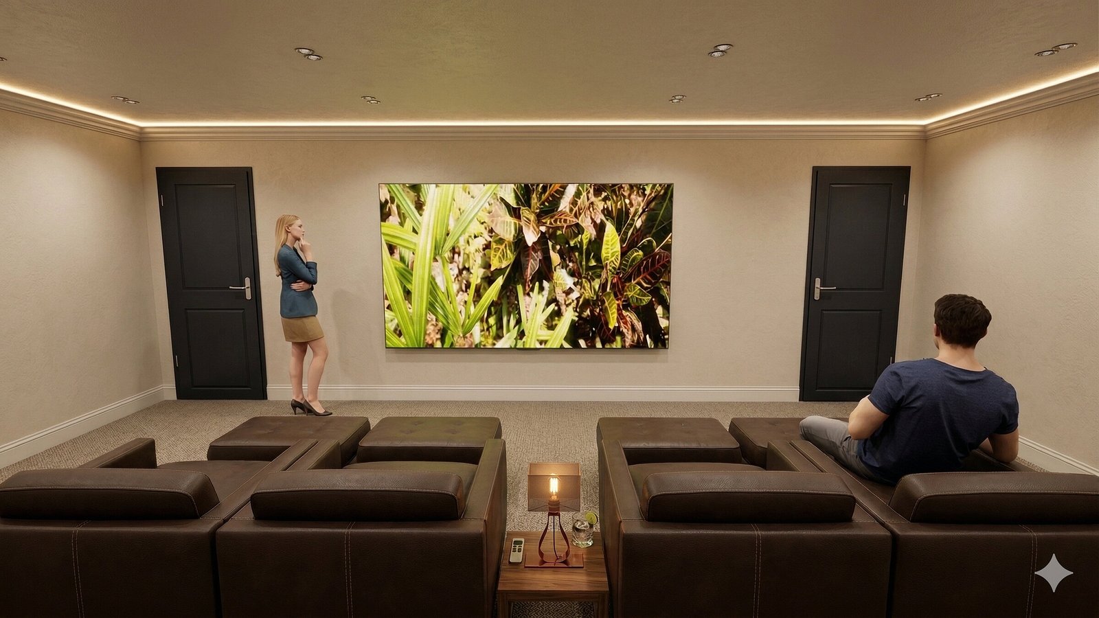 Tiered seating with integrated audio and architectural lighting, coordinated in the model
