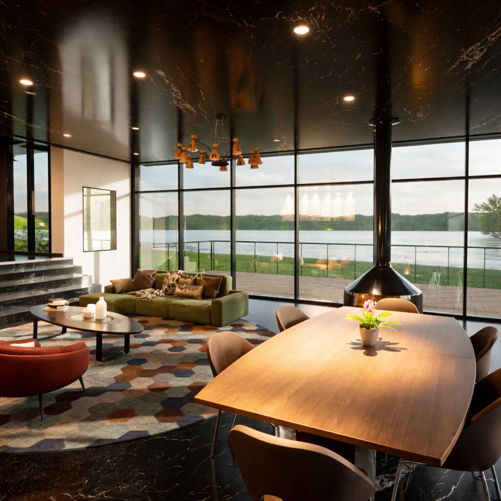 Lobby and dining area of a mixed-use development, with building systems integrated into the space
