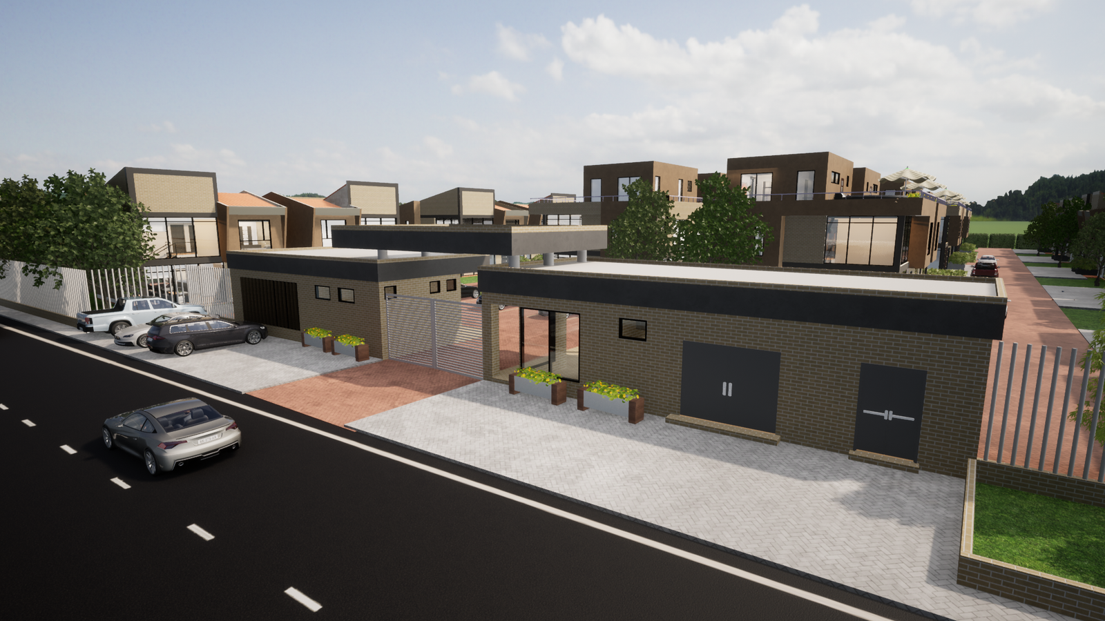 Front facade of a two-story single-family home with a rooftop terrace, floor-to-ceiling windows, and a paved vehicle entrance