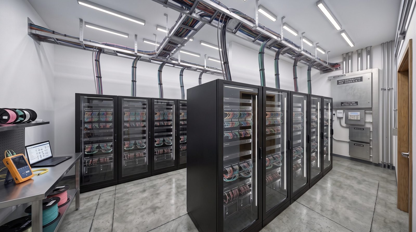 Sala de servidores con hileras de gabinetes de red cerrados en vidrio, bandeja de cableado superior organizada por colores y estación de pruebas en primer plano — Modelado de Centros de Datos y Servidores