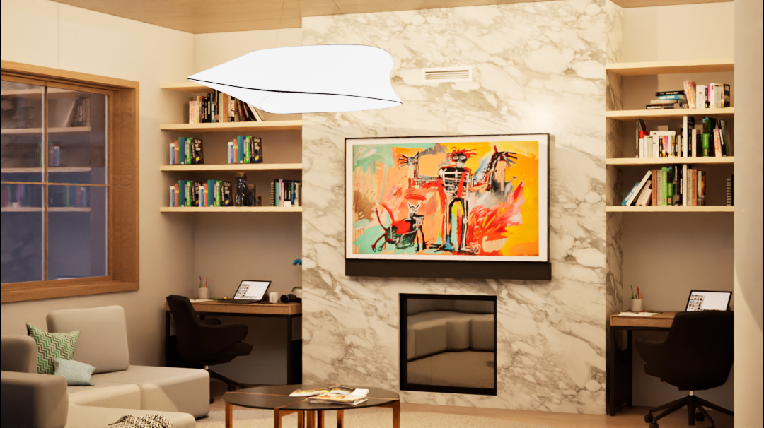 Espacio de oficina en casa integrado a la sala, con panel decorativo de arte retráctil sobre chimenea de mármol que oculta un televisor — Alcance Internacional ATS