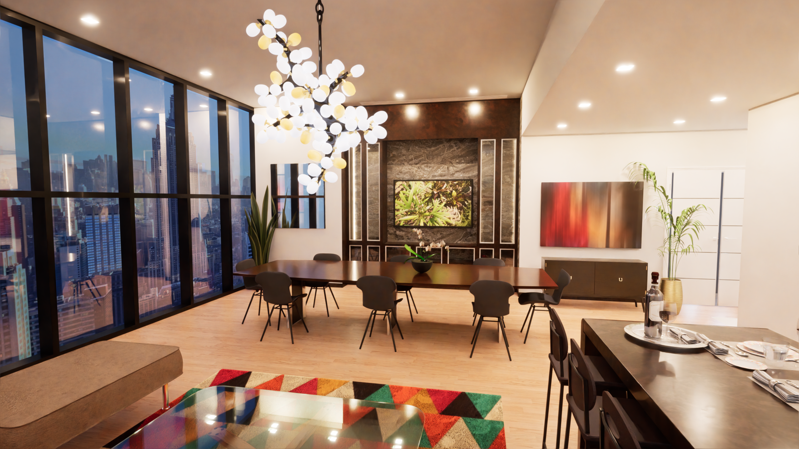Escena interior con iluminación técnica protagonista: luminarias empotradas, luz indirecta y control domótico integrado — Sistemas Espaciales e Iluminación