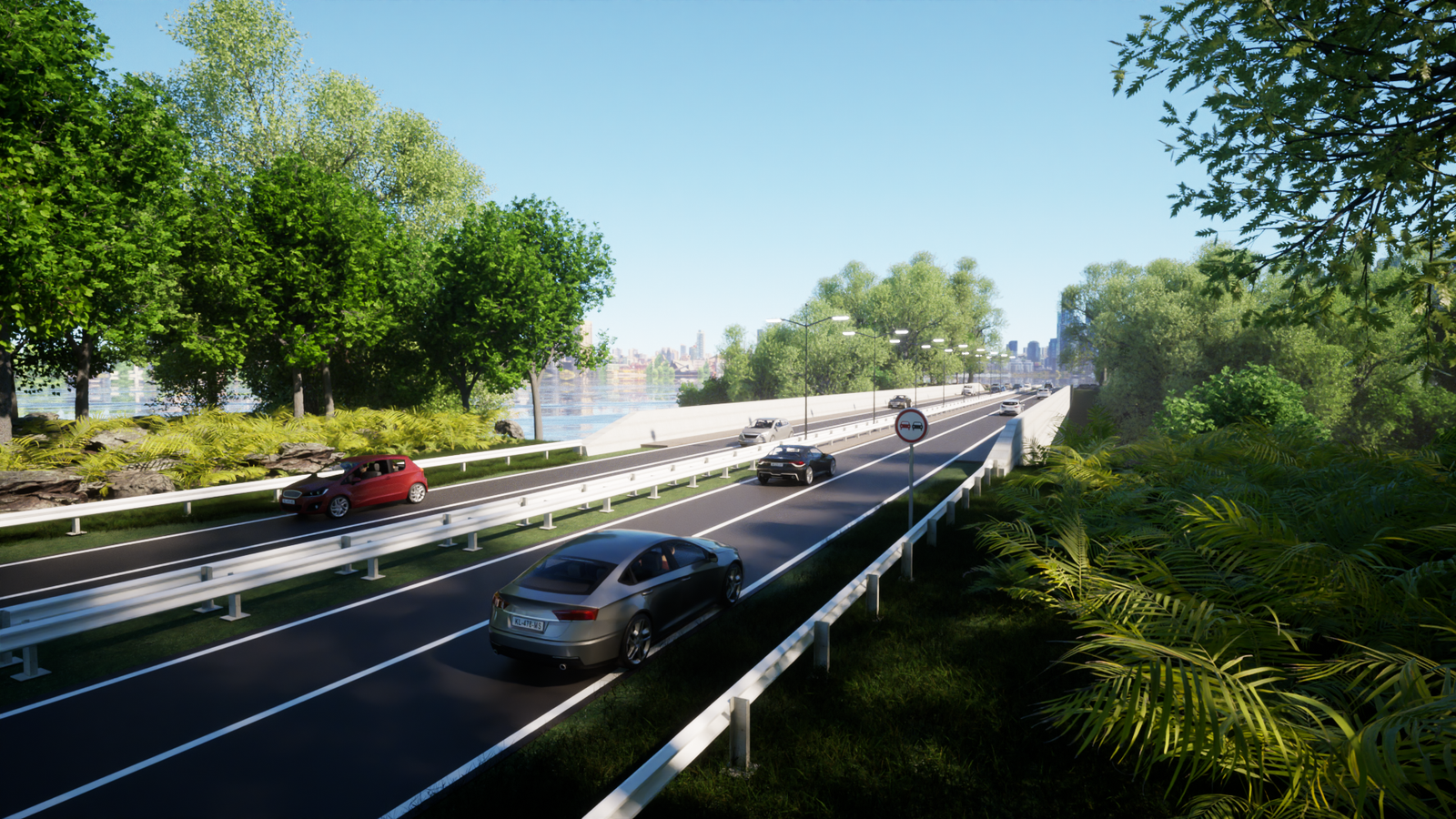 Road corridor beside the river with guardrails and differentiated lanes, integrated into the existing landscape