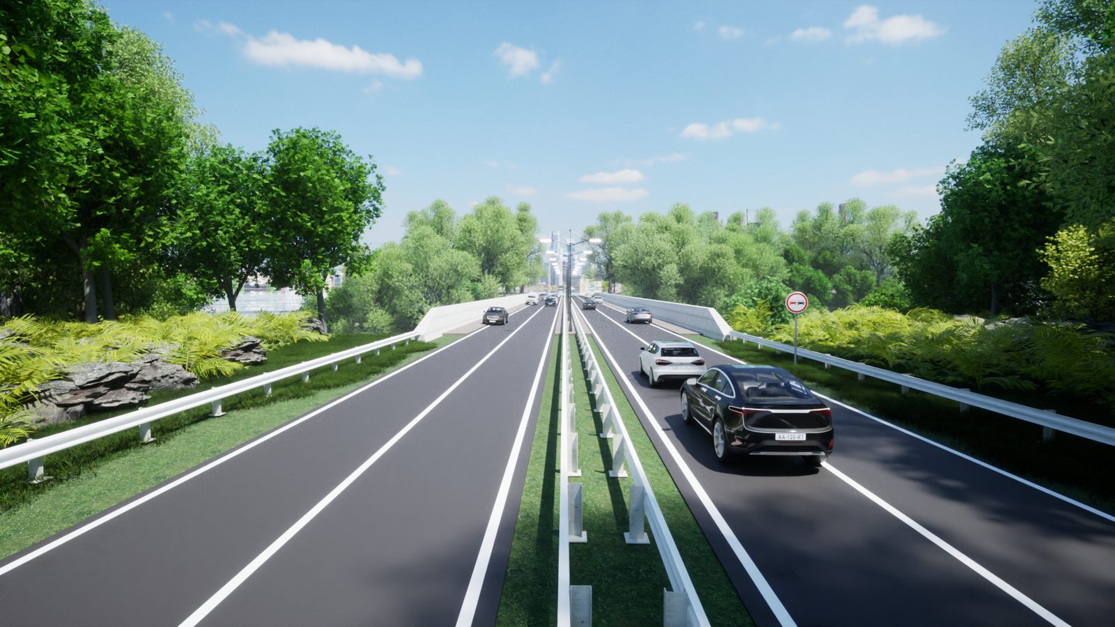 Two-lane road layout with center median and street lighting, coordinated with the corridor's topography
