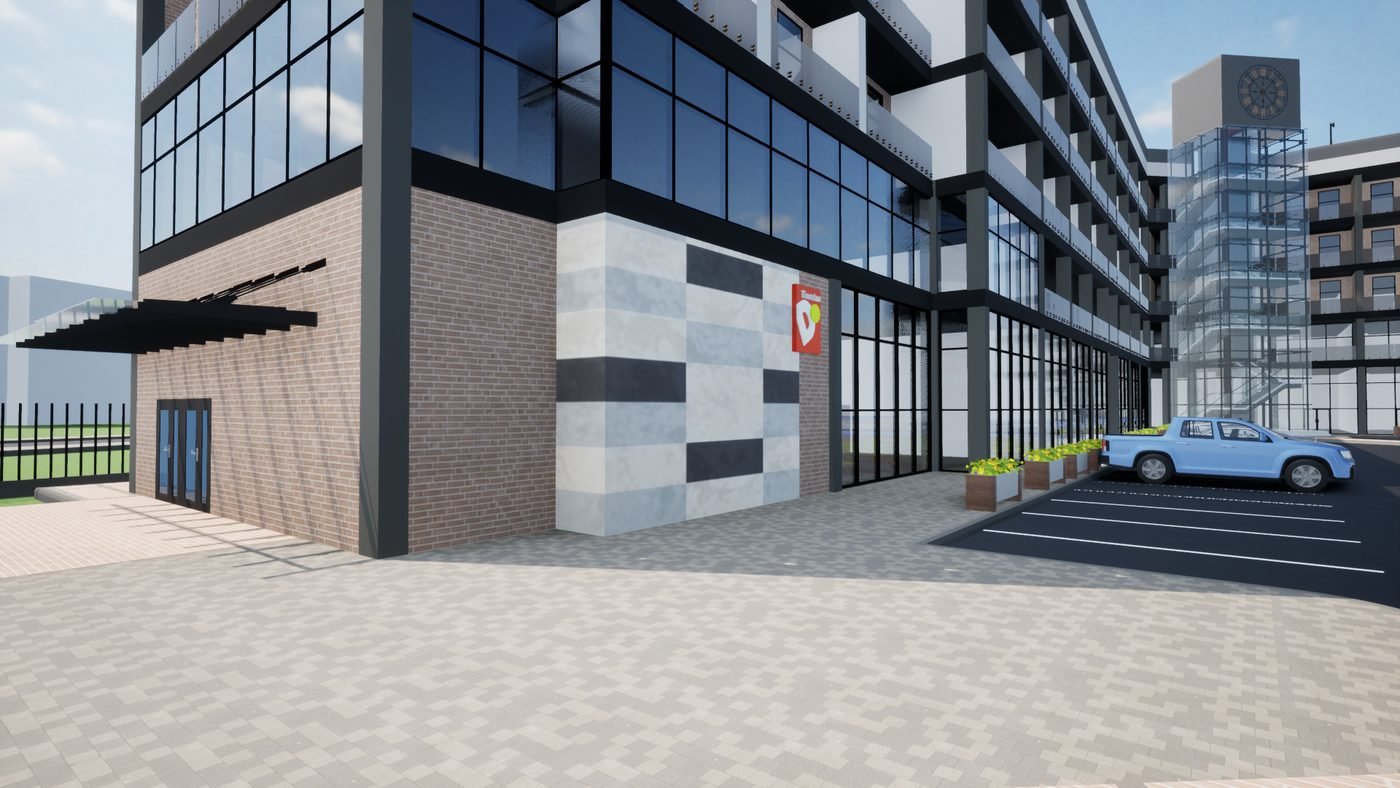 Façade detail: masonry and stone cladding at Milán Plaza Shopping Center