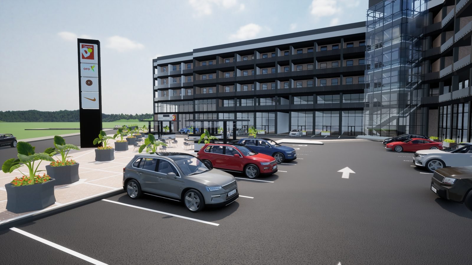 Vehicle access and circulation tower facing Milán Plaza's retail façade