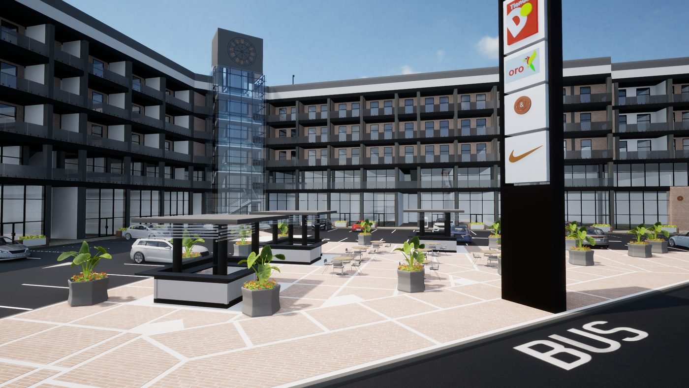 Central plaza with furniture, seating areas, and a dedicated bus access lane
